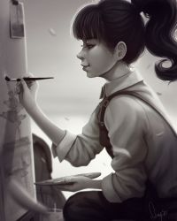 Rule 34 | 1girl, canvas (object), collared shirt, greyscale, holding, holding paintbrush, lips, long sleeves, looking ahead, magion02, monochrome, nose, original, paintbrush, painting (action), ponytail, profile, shirt, signature, sleeves rolled up, smile, solo, white shirt