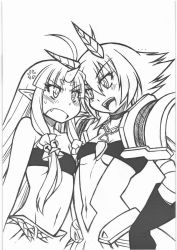 Rule 34 | 2girls, angry, armor, banpresto, bell, breasts, character request, female focus, flat chest, hair bell, hair ornament, highres, horns, monochrome, multiple girls, nakagami takashi, navel, pointy ears, ribbon, scan, simple background, super robot wars, super robot wars og saga mugen no frontier, suzuka hime