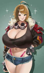 Rule 34 | 1girl, absurdres, ahoge, black bra, black gloves, blue shorts, blush, bra, breasts, brown eyes, brown hair, cleavage, cowboy shot, curvy, fingerless gloves, gloves, goggles, highres, huge breasts, jacket, micro shorts, midriff, multicolored hair, navel, nia (nia4294), open mouth, original, shadow, shorts, smile, solo, sparkle, streaked hair, underwear, wide hips