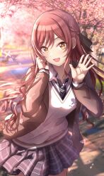 Rule 34 | 1girl, absurdres, black ribbon, blue necktie, blurry, blurry background, blush, braid, breasts, brown hair, brown jacket, citrusmikan, collarbone, cowboy shot, falling petals, flower, grass, grey skirt, hair ribbon, hands up, highres, idolmaster, idolmaster shiny colors, jacket, long hair, long sleeves, looking at viewer, medium breasts, necktie, open clothes, open jacket, open mouth, osaki amana, outdoors, petals, pink nails, plaid, plaid necktie, plaid skirt, pleated skirt, ribbon, road, school uniform, shirt, skirt, smile, solo, street, sweater, swept bangs, tree, white shirt, white sweater, yellow eyes