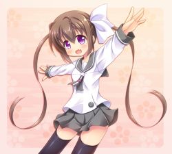 Rule 34 | 10s, 1girl, :d, black skirt, black thighhighs, blush, bow, brown hair, commentary request, fang, hair between eyes, hair bow, long hair, long sleeves, looking at viewer, miu (c blue), momochi tamate, open mouth, outstretched arms, pleated skirt, purple eyes, school uniform, serafuku, shirt, sidelocks, skirt, sleeves past wrists, slow start, smile, solo, spread arms, thighhighs, twintails, very long hair, white bow, white shirt