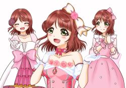 Rule 34 | 1girl, artist name, artist request, back bow, bare shoulders, blush, bow, bowtie, braid, braided bun, breasts, cleavage, collarbone, detached collar, dream with you (love live!), dress, dress bow, dual persona, earrings, closed eyes, female focus, flower, flower dress, frilled dress, frills, gloves, green eyes, hair bow, hair bun, hair flower, hair ornament, hairclip, heart, heart (symbol), heart earrings, highres, jewelry, looking at viewer, love live!, love live! nijigasaki high school idol club, love live! school idol festival, misappi, misappi (msp gclove), bowtie, necklace, orange hair, own hands together, parted lips, pearl earrings, pearl necklace, pink bow, pink bowtie, pink detached collar, pink dress, pink flower, pink skirt, pink wrist cuffs, polka dot, polka dot skirt, puffy short sleeves, puffy sleeves, red hair, short hair, short sleeves, side bun, single hair bun, skirt, small breasts, smile, solo, star (symbol), star hair ornament, striped, striped bow, uehara ayumu, upper body, white background, white bow, white dress, white gloves, white skirt, white wrist cuffs, wrist cuffs, yellow bow, yellow eyes, yume e no ippo