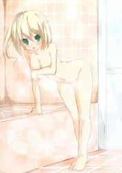 Rule 34 | 1girl, bad id, bad pixiv id, bathtub, blonde hair, blush, breasts, covering privates, covering breasts, green eyes, highres, looking at viewer, navel, nude, open mouth, original, solo, tabuchi (tabuchisanchi), tabuchisan
