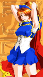 Rule 34 | 1girl, arle nadja, armor, armored dress, blue skirt, brown eyes, brown hair, cape, commentary request, looking at viewer, madou monogatari, open mouth, puyopuyo, qkat (arikawa-dou), short hair, skirt, smile, solo
