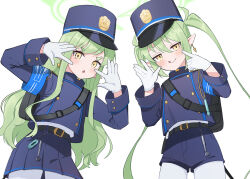 Rule 34 | 2girls, :q, armband, backpack, bag, belt, blue archive, blush, buttons, double-breasted, earrings, flat chest, gloves, green hair, green halo, halo, hat, highres, hikari (blue archive), jewelry, long hair, looking at viewer, multiple girls, nozomi (blue archive), open mouth, pantyhose, pleated skirt, pointy ears, ranyu, revision, shorts, siblings, simple background, sisters, skirt, smile, tongue, tongue out, twins, twintails, white background, white gloves, white pantyhose, yellow eyes
