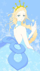 Rule 34 | 1girl, backless dress, backless outfit, blonde hair, blue background, blue eyes, blue theme, braid, crown, dress, from side, gown, hair ornament, halterneck, hand up, highres, kishiwada robin, long braid, long hair, looking back, original, parted lips, planet hair ornament, solo, star (symbol)