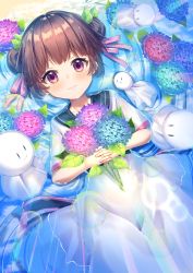 Rule 34 | 1girl, black sailor collar, blue flower, brown hair, closed mouth, commentary request, double bun, dress, flower, hair ribbon, highres, holding, holding flower, hydrangea, interlocked fingers, looking at viewer, lying, on back, original, pink ribbon, purple eyes, purple flower, ribbon, ripples, sailor collar, sailor dress, shallow water, short hair, short sleeves, smile, solo, sparkle, teruterubouzu, torokeru none, water, white dress