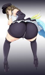 Rule 34 | 1girl, absurdres, ass, ass focus, belt, bent over, boots, braid, breasts, elbow gloves, feathers, from behind, gloves, hat, high heels, highres, idolmaster, idolmaster shiny colors, kuwayama chiyuki, large breasts, long hair, looking at viewer, miniskirt, myanyuki h, nipples, no bra, open clothes, open shirt, shirt, shorts, skirt, sleeveless, sleeveless shirt, thigh boots, zipper
