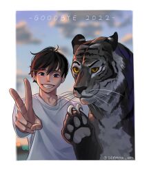 Rule 34 | 1boy, 2022, black hair, blurry, blurry background, chinese zodiac, claws, cloud, cloudy sky, colored sclera, english text, highres, new year, original, parted lips, semmya ori, shirt, short hair, sky, smile, tiger, twitter username, whiskers, white shirt, year of the tiger, yellow sclera