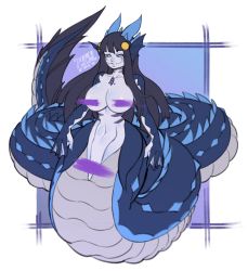 Rule 34 | 1girl, 2019, absurdres, black sclera, blue eyes, blunt bangs, breasts, censored, censored nipples, colored sclera, commentary, commission, dragon girl, fins, fish tail, gills, hair ornament, head fins, highres, horns, lamia, large breasts, light smile, lokigun, long hair, monster girl, navel, original, paid reward available, pussy, pussy peek, scales, solo, tail, teeth, webbed hands, yuki (traglad)