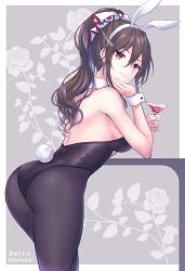 Rule 34 | 1girl, animal ears, ashigara (kancolle), black leotard, black pantyhose, breasts, brown eyes, brown hair, closed mouth, cocktail glass, commission, cup, dated, detached collar, drinking glass, fake animal ears, fake tail, hair between eyes, highres, holding, holding cup, kabocha torute, kantai collection, large breasts, leotard, long hair, pantyhose, playboy bunny, ponytail, rabbit ears, rabbit tail, skeb commission, smile, solo, strapless, strapless leotard, tail, twitter username, wrist cuffs