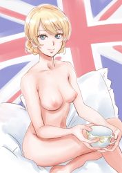 Rule 34 | 10s, 1girl, absurdres, bad id, bad pixiv id, blonde hair, blue eyes, braid, breasts, closed mouth, commentary, cup, darjeeling (girls und panzer), girls und panzer, highres, holding, holding cup, kuppipi ramutarou, legs, looking at viewer, medium breasts, nipples, nude, nudist, pillow, short hair, smile, solo, teacup, twin braids, union jack