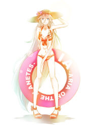 Rule 34 | 1girl, ankle bow, ankle ribbon, bikini, blonde hair, bow, braid, character name, flower, front-tie bikini top, front-tie top, haruka nagazumi, hat, hat flower, highres, holding, holding clothes, holding hat, ia (vocaloid), leg ribbon, lifebuoy, long hair, long legs, navel, polka dot, polka dot bikini, polka dot swimsuit, ribbon, sandals, solo, standing, sun hat, swim ring, swimsuit, twin braids, very long hair, vocaloid