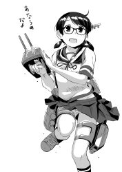 Rule 34 | 1girl, absurdres, bespectacled, cannon, collared shirt, commentary request, glasses, greyscale, highres, kantai collection, low twintails, machinery, makio (makiomeigenbot), monochrome, neckerchief, panties, pantyshot, parted bangs, pleated skirt, running, sailor collar, school uniform, serafuku, shirayuki (kancolle), shirt, short twintails, skirt, smokestack, solo, turret, twintails, underwear