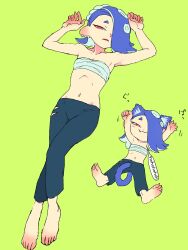 Rule 34 | 1girl, :3, animal ears, arms up, bare shoulders, barefoot, blue hair, cat ears, cat tail, chest sarashi, chibi, claws, clenched hand, closed mouth, commentary request, earrings, fang, flat chest, full body, green pants, hair over one eye, hairband, highres, jewelry, jounetsu (jonetunoaoitako), kemonomimi mode, lying, medium hair, midriff, multiple earrings, multiple views, navel, nintendo, octoling, on back, one eye covered, open mouth, pants, red eyes, sarashi, shiver (splatoon), speech bubble, splatoon (series), splatoon 3, suction cups, tail, tentacle hair, tooth earrings, torn clothes, torn pants, translation request, white hairband