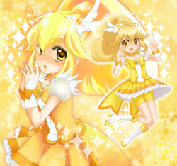 Rule 34 | 10s, 1girl, bike shorts, blonde hair, cure peace, dress, earrings, jewelry, kise yayoi, long hair, magical girl, precure, ribbon, skirt, smile precure!, solo, yellow background, yellow dress, yellow eyes, yellow theme, yukinabe (pixiv944737)