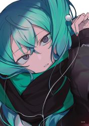 Rule 34 | 1girl, @ @, ahoge, aqua hair, aqua nails, close-up, earbuds, earphones, enpera, expressionless, fingernails, gradient nails, green scarf, hair between eyes, hand up, hassan (sink916), hatsune miku, head tilt, holding, holding earphones, limited palette, long fingernails, long hair, looking at viewer, nail polish, parted lips, pink nails, ringed eyes, scarf, shade, simple background, sleeves past wrists, solo, tsurime, twintails, very long hair, vocaloid, white background