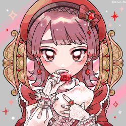 Rule 34 | 1girl, beret, blush stickers, bow, braid, covered mouth, dot nose, dress, earrings, eyeshadow, frills, fur scarf, gem, gloves, grey background, hand on own chest, hat, hat bow, heart, highres, holding, holding gem, jewelry, lace, lace gloves, long sleeves, looking at viewer, makeup, medium hair, mika no nijika, mirror, multiple rings, nail polish, original, pink hair, red dress, red eyes, red gemstone, red hat, red nails, ring, shirt, solo, sparkle, straight-on, swept bangs, upper body, white gloves, white shirt