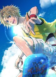 Rule 34 | 1boy, black tank top, blonde hair, blue eyes, bracelet, chain necklace, character name, cloud, cloudy sky, earrings, final fantasy, final fantasy x, highres, jewelry, layered shirt, male focus, midriff peek, necklace, open mouth, outdoors, parted bangs, shirt, short hair, shorts, single earring, sky, sleeveless, sleeveless shirt, smile, solo, sunlight, tank top, teeth, tidus, twitter username, upper teeth only, warori anne, white shorts, wristband, yellow tank top