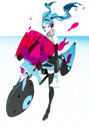 Rule 34 | 1girl, bad id, bad pixiv id, bare shoulders, blue eyes, blue hair, breasts, bthx, covered erect nipples, detached sleeves, female focus, hatsune miku, headphones, headset, highres, impossible clothes, impossible shirt, long hair, matching hair/eyes, megaphone, motor vehicle, motorcycle, necktie, shirt, skirt, solo, thighhighs, twintails, vehicle, vocaloid, zettai ryouiki