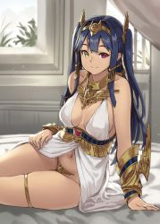 Rule 34 | 1girl, arm guards, arm support, babydoll, bare shoulders, bed, bed sheet, blurry, bracer, breasts, c-string, circlet, cleavage, closed mouth, collar, collarbone, depth of field, egyptian clothes, eyeliner, hair tubes, hairband, hand on own hip, heterochromia, horus (houtengeki), houtengeki, indoors, leaning to the side, looking at viewer, makeup, medium breasts, navel, no pants, on bed, original, pink eyes, sidelocks, sitting, skindentation, sleeveless, smile, solo, stomach, strapless bottom, thigh strap, thighlet, underbust, window, yellow eyes, yokozuwari