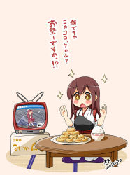 Rule 34 | &gt; &lt;, + +, 10s, 1girl, :&lt;, akagi (kancolle), antennae, arms up, blush stickers, box, brown eyes, brown hair, cameo, croquette, cushion, plate, drooling, closed eyes, female focus, food, highres, imu sanjo, indoors, japanese clothes, kantai collection, long hair, mikan box, muneate, naka (kancolle), no nose, open mouth, rice, seiza, signature, sitting, solo, sparkle, symbol-shaped pupils, table, tatami, television, translation request, triangle mouth, zabuton