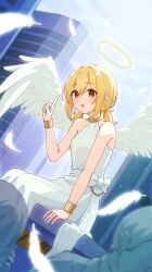 Rule 34 | 1girl, :o, angel, angel wings, bare shoulders, blonde hair, bracelet, city, dress, dutch angle, feathered wings, halo, halter dress, halterneck, highres, index finger raised, jewelry, low twintails, open mouth, original, red eyes, sitting, sleeveless, sleeveless dress, solo focus, twintails, white dress, white wings, wings, yotsuremi