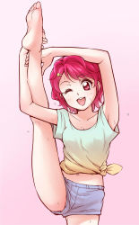 Rule 34 | 1girl, aikatsu!, aikatsu! (series), barefoot, feet, flexible, hair ornament, hairclip, highres, ichinose kaede, leg up, looking at viewer, one eye closed, open mouth, red eyes, red hair, shirt, shorts, soles, standing, sweat, tied shirt, toes