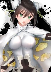 Rule 34 | &gt;:o, 1girl, :o, black background, black gloves, black hair, blush, bodysuit, bracelet, breasts, bun cover, cape, chignon, cleavage, cloud print, commentary request, covered navel, double bun, elbow gloves, fate/grand order, fate (series), female focus, fingerless gloves, frills, gauntlets, gloves, green eyes, green ribbon, groin, hair between eyes, hair bun, hair ribbon, head tilt, highres, jewelry, large breasts, open mouth, paint splatter, qin liangyu (fate), reuri (tjux4555), ribbon, round teeth, serious, short hair, sidelocks, solo, teeth, two-tone background, type-moon, upper body, upper teeth only, v-shaped eyebrows, white background, white bodysuit, white cape