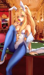 Rule 34 | 1girl, absurdres, ahoge, animal ears, artoria pendragon (all), artoria pendragon (fate), artoria pendragon (swimsuit ruler) (fate), bare shoulders, blonde hair, blue necktie, blue pantyhose, blush, braid, breasts, card, casino card table, cleavage, clothing cutout, detached collar, fake animal ears, fate/grand order, fate (series), feather boa, fishnet pantyhose, fishnets, french braid, green eyes, hair between eyes, high heels, highleg, highleg leotard, highres, huge filesize, kimisu, knee up, large breasts, leotard, long hair, looking at viewer, navel, navel cutout, necktie, open mouth, pantyhose, playboy bunny, playing card, ponytail, rabbit ears, sidelocks, sitting, table, tiara, white leotard, wrist cuffs