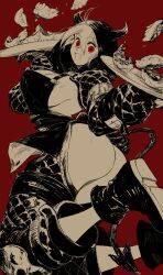 1girl :d absurdres apron ass breasts demon_hood dorohedoro dumpling food highres holding holding_plate hood limited_palette nikaidou_(dorohedoro) open_mouth piyomotsu plate red_background red_eyes shoes simple_background smile solo