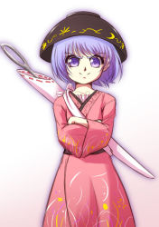 Rule 34 | &gt;:), 1girl, bowl, bowl hat, crossed arms, hat, japanese clothes, kimono, looking at viewer, mazume, needle, obi, purple eyes, purple hair, sash, short hair, simple background, smile, solo, sukuna shinmyoumaru, touhou, v-shaped eyebrows, white background