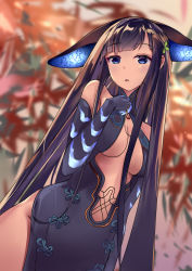 Rule 34 | 1girl, bare shoulders, black dress, black gloves, black headwear, blue eyes, blunt bangs, blurry, blurry background, blush, breasts, center opening, dress, elbow gloves, fate/grand order, fate (series), gloves, hair ornament, highres, leaf hair ornament, long hair, looking at viewer, medium breasts, open mouth, purple hair, solo, very long hair, xiaozuo cang, yang guifei (fate), yang guifei (third ascension) (fate)