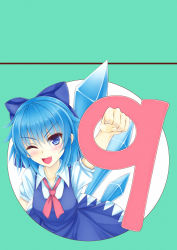 Rule 34 | &gt;;d, circled 9, 1girl, ;d, bad id, bad pixiv id, blue eyes, blue hair, blush, bow, cirno, collared shirt, cookie (touhou), dress, fang, fist pump, hair bow, highres, ice, ice wings, kitou kaitai, large bow, matching hair/eyes, md5 mismatch, neckerchief, one eye closed, open mouth, shirt, short hair, smile, solo, touhou, v-shaped eyebrows, wings