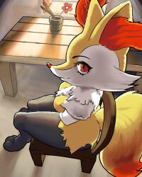 Rule 34 | 1girl, absurdres, animal ear fluff, animal ears, animal feet, animal nose, backlighting, black fur, body fur, braixen, breasts, closed mouth, creatures (company), female focus, flower, fox ears, fox girl, fox tail, from above, from side, full body, furry, furry female, game freak, gen 6 pokemon, happy, highres, legs, looking at viewer, multicolored fur, neck fur, nintendo, noconcession, on chair, plant, pokemon, pokemon (creature), potted plant, red eyes, red flower, sitting, small breasts, smile, snout, solo, split mouth, sunlight, table, tail, thick thighs, thighs, white fur, yellow fur