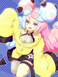 Rule 34 | absurdres, bow-shaped hair, character hair ornament, creatures (company), game freak, grey pantyhose, hair ornament, hexagon print, highres, iono (pokemon), jacket, long hair, low-tied long hair, multicolored hair, nintendo, oversized clothes, pantyhose, pokemon, pokemon sv, sharp teeth, single leg pantyhose, sleeves past fingers, sleeves past wrists, split-color hair, stella (stella), teeth, very long sleeves, x, yellow jacket