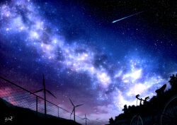 Rule 34 | absurdres, bicycle, chain-link fence, cloud, commentary request, fence, highres, kumeki (kk4615), milky way, night, night sky, no humans, original, outdoors, scenery, shooting star, signature, sky, sky focus, star (sky), starry sky, tree, wind turbine, windmill