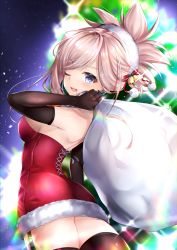 Rule 34 | 1girl, absurdres, ass, bare shoulders, black gloves, black thighhighs, blue eyes, blush, breasts, christmas, dress, elbow gloves, fate/grand order, fate (series), fur-trimmed dress, fur trim, gloves, hane yuki, highres, long hair, looking at viewer, medium breasts, miyamoto musashi (fate), one eye closed, pink hair, ponytail, red dress, sack, santa costume, sideboob, smile, solo, sparkle, swept bangs, thighhighs