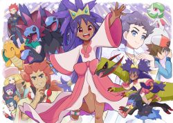 Rule 34 | 4girls, 5boys, :&lt;, :d, absurdres, alder (pokemon), bad id, bad twitter id, baseball cap, blonde hair, blue eyes, brown hair, caitlin (pokemon), cape, choker, clenched hand, clenched hands, closed eyes, closed mouth, coin, commentary request, creatures (company), crossed arms, crying, dark-skinned female, dark-skinned male, dark skin, deino (pokemon), diantha (pokemon), dragonite, dress, dual persona, elite four, eyelashes, facial hair, game freak, gardevoir, gen 1 pokemon, gen 3 pokemon, gen 5 pokemon, glasses, grimsley (pokemon), hair between eyes, hair rings, hand on headwear, hand up, hat, haxorus, highres, hilbert (pokemon), hydreigon, iris (pokemon), jacket, jewelry, knees, lance (pokemon), long hair, long sleeves, looking at viewer, marshal (pokemon), mega gardevoir, mega pokemon, multicolored hair, multiple boys, multiple girls, necklace, nintendo, one eye closed, open mouth, outstretched arms, pants, parted lips, pink footwear, poke ball, pokemoa, pokemon, pokemon (creature), pokemon bw, pokemon bw2, pokemon hgss, pokemon xy, purple hair, red eyes, red hair, running, sandals, scarf, shauntal (pokemon), shiny skin, shoes, short hair, smile, spiked hair, star (symbol), teeth, tiara, toes, tongue, two-tone hair, very short hair, white choker, wide sleeves, yellow scarf