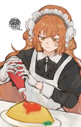 Rule 34 | 1girl, apron, black dress, dress, food, freckles, frilled apron, frills, garando1020, heart, highres, ishmael (project moon), ketchup, ketchup bottle, limbus company, maid, maid apron, maid headdress, omelet, omurice, orange eyes, orange hair, project moon, solo, unconventional maid, waist apron, white apron