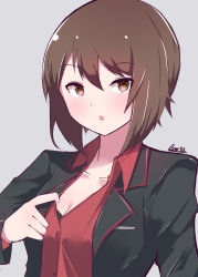 Rule 34 | 1girl, absurdres, artist name, blush, breasts, brown eyes, brown hair, chestnut mouth, cleavage, clothes pull, collarbone, gar32, girls und panzer, grey background, highres, kuromorimine military uniform, looking at viewer, medium breasts, nishizumi maho, open mouth, shirt pull, short hair, solo, upper body