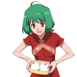 Rule 34 | 1girl, a1 (initial-g), absurdres, ahoge, breasts, brown eyes, female focus, food, green hair, highres, macross, macross frontier, nipples, no bra, non-web source, open mouth, ranka lee, see-through, sexually suggestive, simple background, solo, surprised, white background