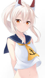 Rule 34 | 1girl, anchor symbol, arms behind back, ayanami (azur lane), azur lane, blue sailor collar, closed mouth, commentary request, grey background, headgear, high ponytail, kohakope, light brown hair, long hair, looking at viewer, navel, ponytail, red eyes, sailor collar, school uniform, serafuku, shirt, sidelocks, simple background, sleeveless, sleeveless shirt, smile, solo, upper body, white shirt, yellow neckwear