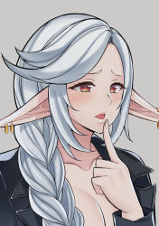 Rule 34 | 1girl, auenn, blush, breasts, cleavage, elf, open mouth, original, pointy ears, silver hair, solo