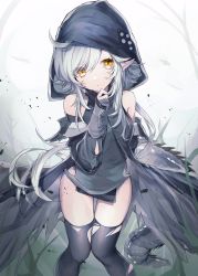 Rule 34 | 1girl, ahoge, arknights, bare shoulders, black thighhighs, breasts, crocodilian tail, feet out of frame, gloves, highres, hood, large tail, long hair, long sleeves, looking at viewer, partially fingerless gloves, pointy ears, seia (tikxxx), silver hair, small breasts, solo, swept bangs, tail, thighhighs, thighs, tomimi (arknights), torn clothes, torn thighhighs, yellow eyes