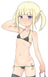 Rule 34 | 1girl, arm behind head, bare arms, bare shoulders, bikini, black bikini, black thighhighs, blonde hair, blunt bangs, blush, child, contrapposto, cowboy shot, flat chest, gluteal fold, hand up, highres, holding, looking at viewer, navel, original, purple eyes, short hair, side-tie bikini bottom, simple background, solo, standing, sweat, sweatdrop, swimsuit, thighhighs, twintails, white background, yakihebi