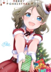 Rule 34 | 1girl, absurdres, belt, blue eyes, blush, breasts, breasts squeezed together, brown hair, christmas, christmas tree, cleavage, cowboy shot, detached collar, earrings, fur trim, gift, hairband, hat, highres, jewelry, looking at viewer, love live!, medium breasts, merry christmas, midriff, mini hat, mini top hat, open mouth, reaching, reaching towards viewer, santa costume, signature, skirt, sky-blue1104, smile, solo, swept bangs, top hat, watanabe you
