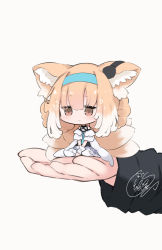 Rule 34 | 1girl, 1other, ambiguous gender, animal ear fluff, animal ears, arknights, beni shake, blonde hair, blue dress, blue hairband, blush, braid, chibi, dress, earpiece, feet out of frame, fox ears, fox tail, hairband, in palm, kitsune, long hair, multiple tails, pantyhose, seiza, simple background, sitting, smile, suzuran (arknights), tail, white background, white pantyhose, yellow eyes