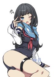 Rule 34 | 1girl, arm support, ass, black hair, black one-piece swimsuit, blue eyes, blue scarf, blush, breasts, commentary request, detached sleeves, hand up, highres, long hair, long sleeves, looking at viewer, medium breasts, neckerchief, nobara (kaidan2012), one-piece swimsuit, one eye closed, open mouth, original, puffy long sleeves, puffy sleeves, red neckerchief, scarf, shadow, signature, simple background, skindentation, solo, squiggle, sweat, swimsuit, thick eyebrows, thigh strap, v over eye, very long hair, white background, white sleeves