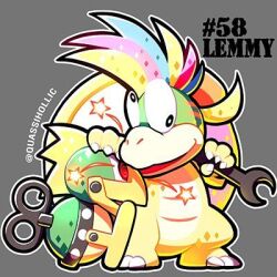 Rule 34 | 1boy, artist request, bracelet, commentary request, full body, happy, jewelry, koopalings, lemmy koopa, looking at viewer, lowres, male focus, mario (series), mecha-koopa, multicolored hair, nintendo, no humans, non-web source, solo, source request, spiked bracelet, spikes